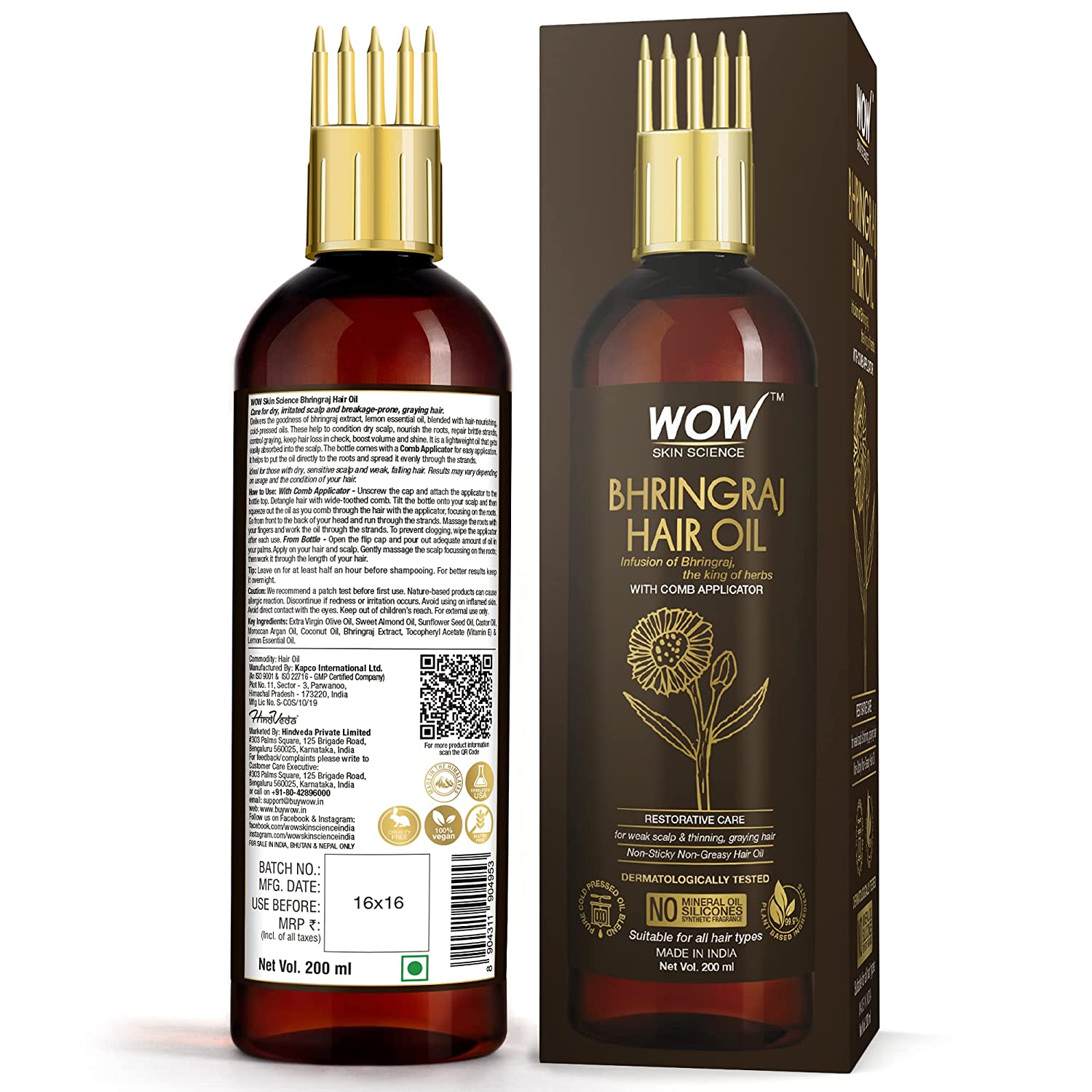 Wow Skin Science Bhringraj Hair Oil With Comb Applicator  100ml