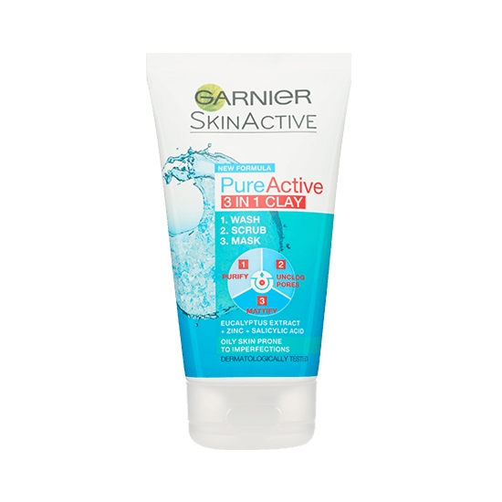 Garnier PureActive 3 in 1 Clay Mask Scrub Wash Oily Skin -150ml